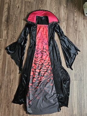 Girls Black & Red Bat Print Vampire Hooded Costume Dress